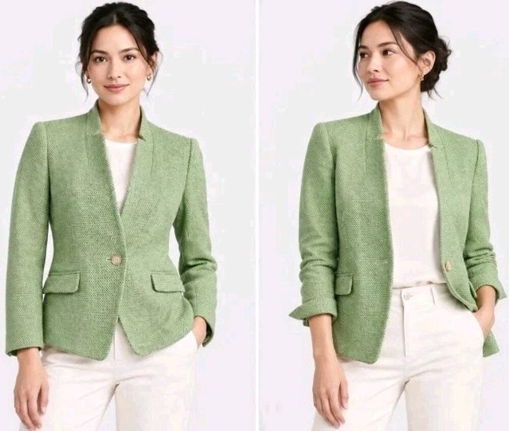 Banana Republic Green Cotton Linen Blend Tweed Single Button Blazer Size 0 $188